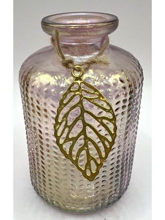 Bouclair Other - Iridescent Rose Pink Glass Vase Bottle With Gold Leaf Accent 4x2.5 Inches